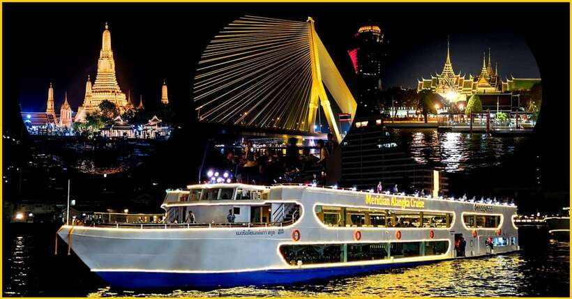 Bangkok: Noah 6 Stars Luxury Chaophraya River Dinner Cruise - The route: bridges and temples lit up for night photos