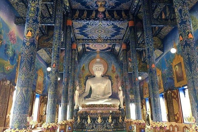 Chiang Mai-Chiang Rai: White Temple-Blue Temple-Lalita Cafe - Wat Rong Khun (White Temple): mirrored sparkle and the white Buddha theme